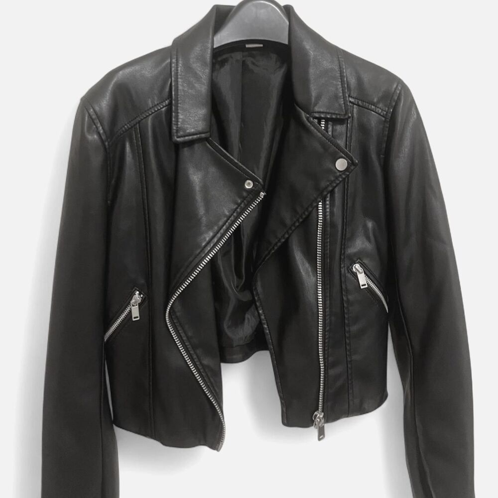 H&M BLACK FAUX LEATHER BIKER JACKET Size 4